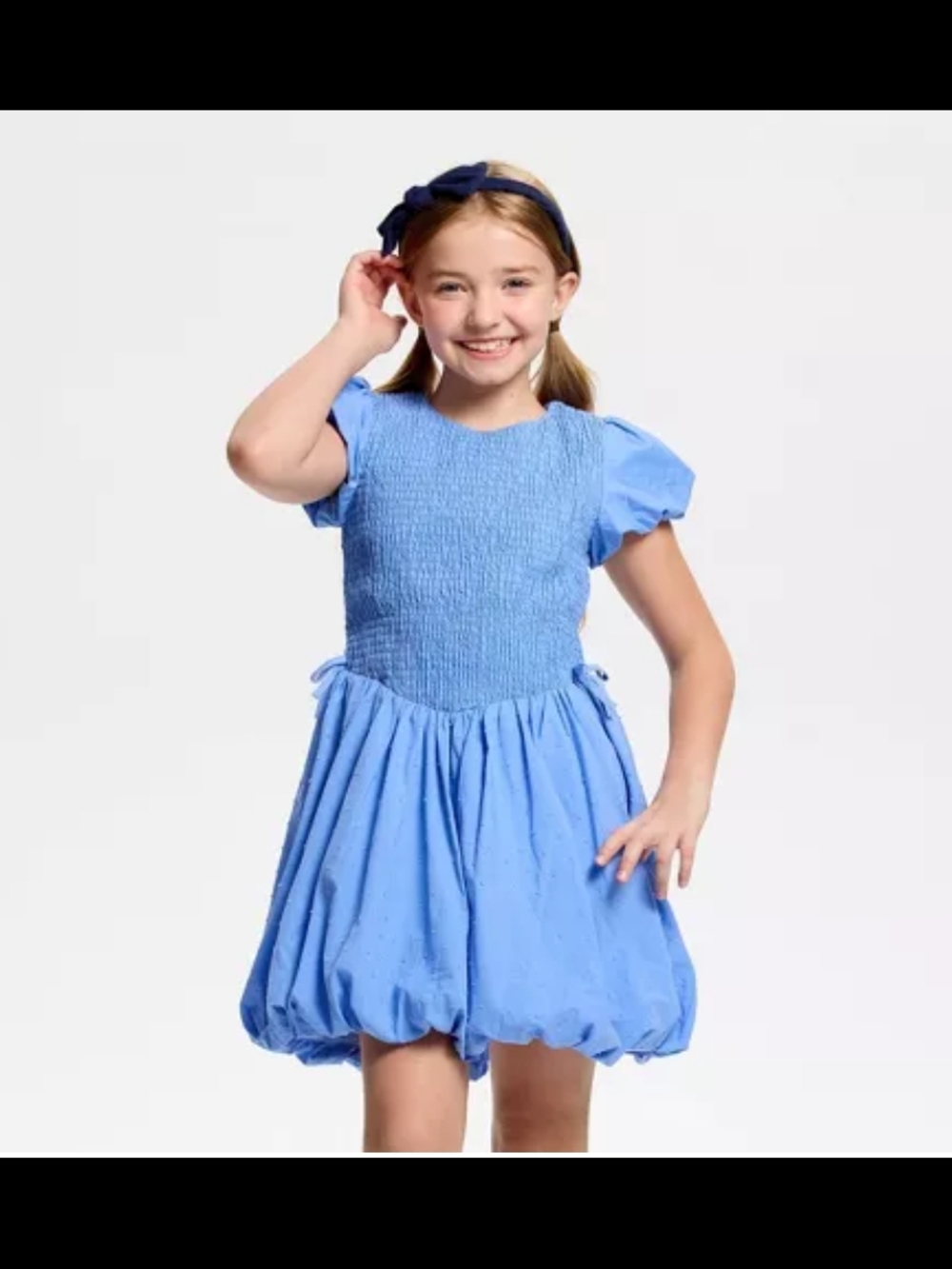 Girls Blue Smocked Dress Size L Puff Sleeve Cottagecore Princess Style Summer Dr